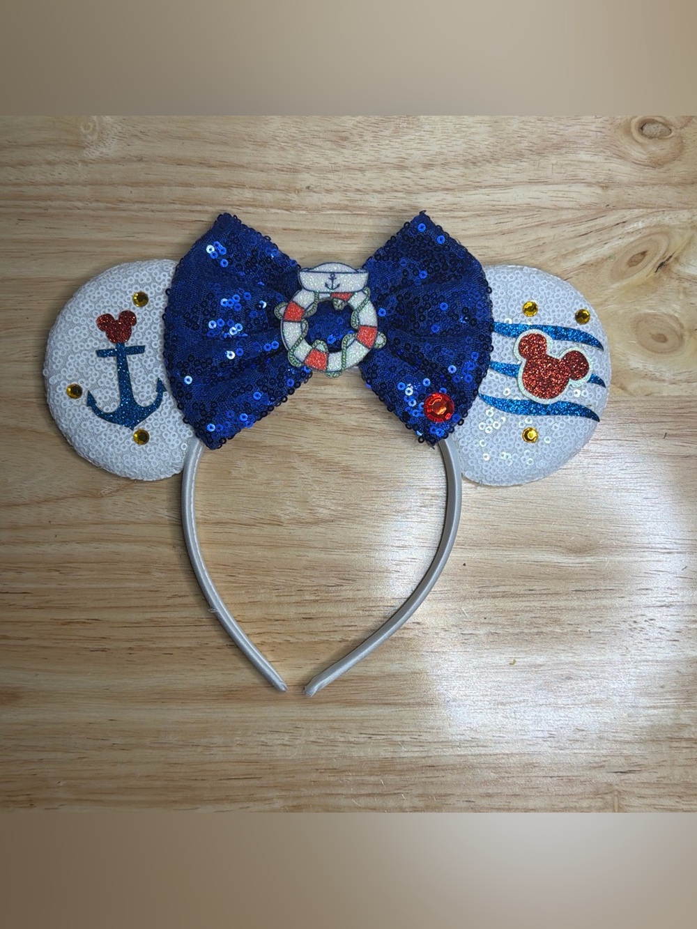 Kids Sequin Nautical Mouse Ear Headband - Blue Bow
